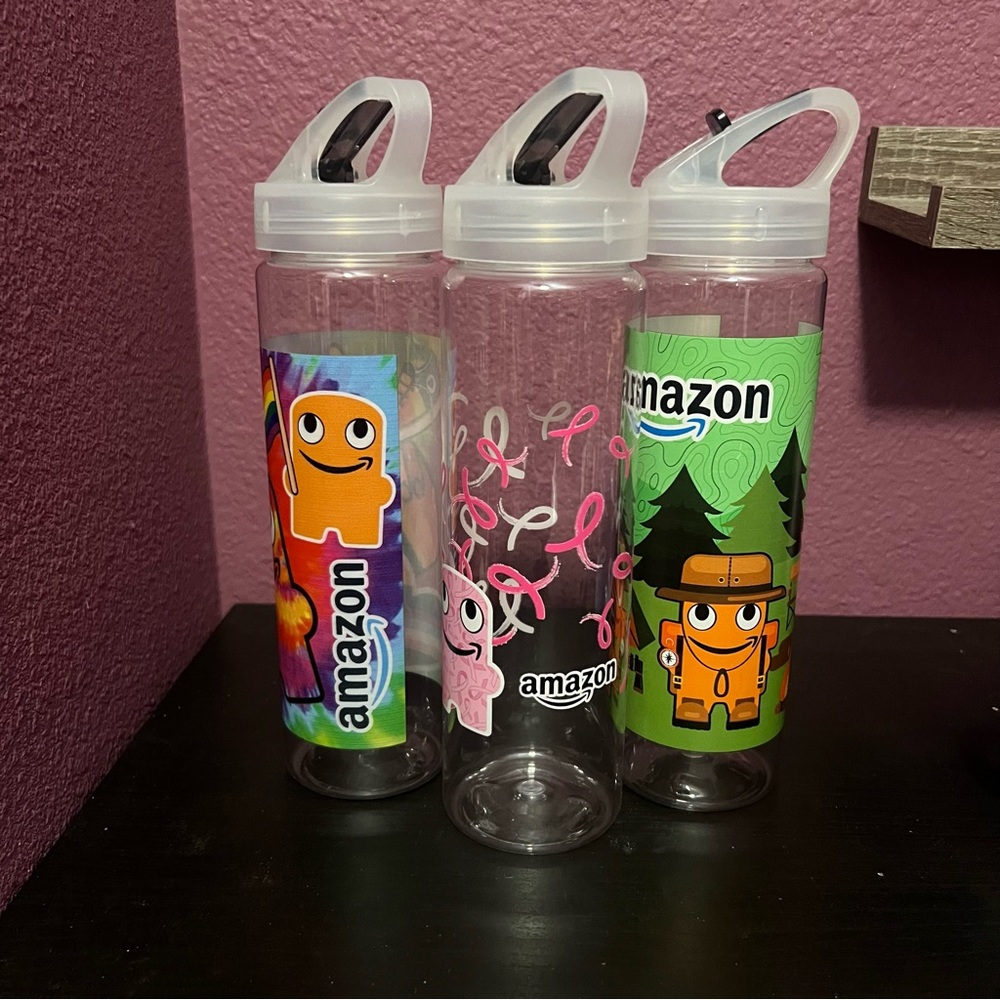 3 New Amazon Employee Peccy Water Bottles: Glamazon, Campsite, Breast Cancer